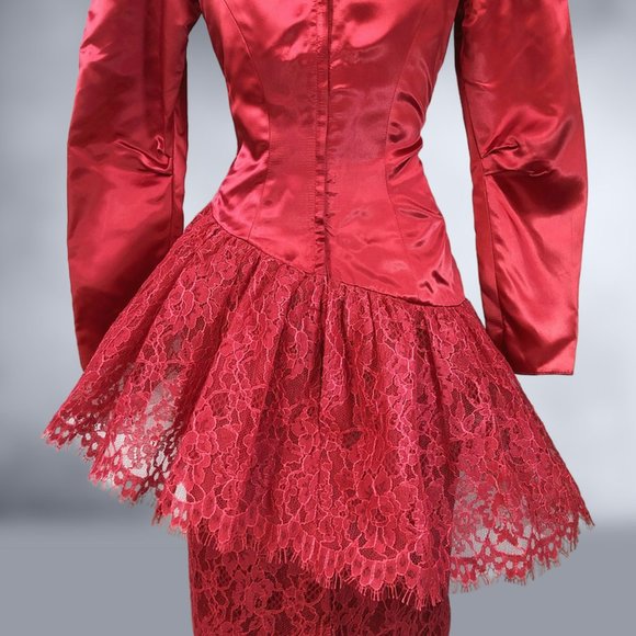 Vintage 80s Red Satin and Lace Peplum Cocktail Party Dress by Sylvia Ann Size 8 - Picture 8 of 10